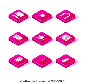Set Clipboard with document, Pipette, Computer monitor cardiogram, Bacteria, Glass bottle pipette, Notebook, Magnet and Satellite icon. Vector
