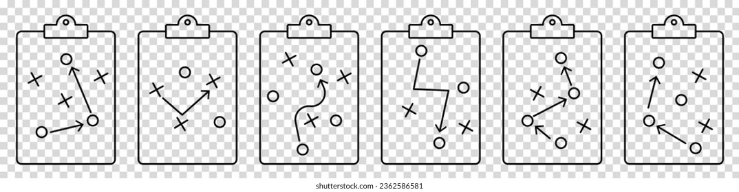 Set of clipboard game plan icons. Football coach strategy board. Vector illustration isolated on transparent background