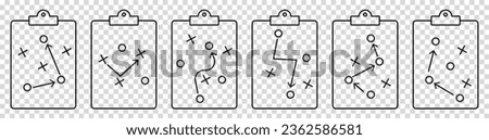 Set of clipboard game plan icons. Football coach strategy board. Vector illustration isolated on transparent background