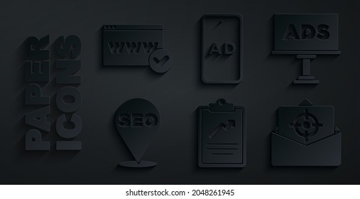 Establezca el Portapapeles con gráfico de gráficos, publicidad, optimización de SEO, correo electrónico y correo electrónico, e icono de plantilla de sitio web. Vector