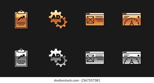 Set Clipboard with graph chart, Advertising, Browser window and Website statistic icon. Vector
