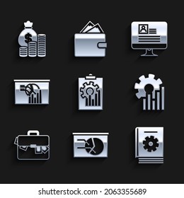 Set Clipboard with graph chart, Board, User manual, Pie infographic, Briefcase and money, Computer monitor resume and Money bag coin icon. Vector