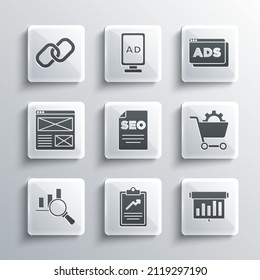 Set Clipboard with graph chart, Board, Shopping cart, SEO optimization, Magnifying glass and analysis, Browser window, Chain link and Advertising icon. Vector