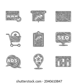 Set Clipboard with graph chart, Map pointer star, Browser setting, SEO optimization, Advertising, Shopping cart and dollar, window and Website template icon. Vector