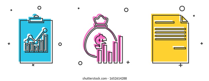 Set Clipboard with graph chart, Money bag and diagram graph and Document icon. Vector