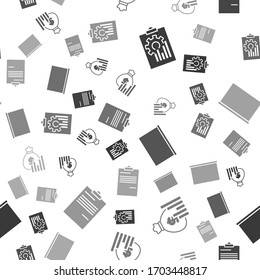 Set Clipboard with graph chart, Money bag and diagram graph, Chalkboard and Document on seamless pattern. Vector