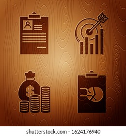Set Clipboard with graph chart, Clipboard with resume, Money bag and coin and Target with graph chart on wooden background. Vector