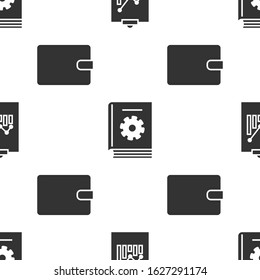 Set Clipboard with graph chart, User manual and Wallet on seamless pattern. Vector