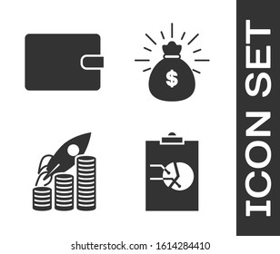 Set Clipboard with graph chart, Wallet, Rocket flying up on coins growth chart and Money bag icon. Vector