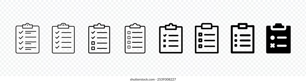 Conjunto de ícones da área de transferência definido, ícone Lista de verificação definido. Lista de verificação da área de transferência ou documento. Marca de seleção, documento, ícone Área de transferência. Sinal de lista de verificação