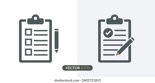 Set von Clipboard-Symbolen gesetzt, Rahmenvektorsymbol in der Zwischenablage mit Checkliste mit Markierungen, Flachzeilensymbol überprüfen. Bearbeitbarer Strich.