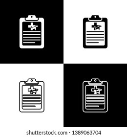 Set Clipboard with medical clinical record pet icons isolated on black and white background. Health insurance form. Medical check marks report. Vector Illustration