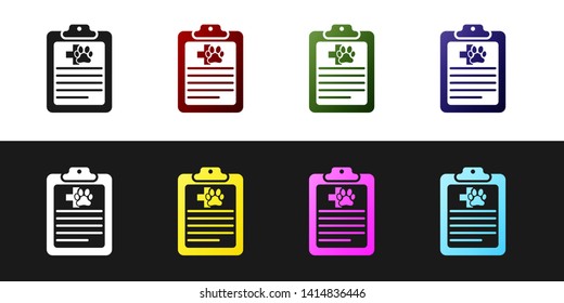 Set Clipboard with medical clinical record pet icon isolated on black and white background. Health insurance form. Medical check marks report. Vector Illustration