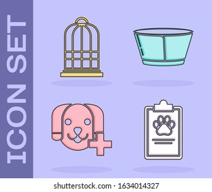 Set Clipboard with medical clinical record pet, Cage for birds, Veterinary clinic symbol and Protective cone collar icon. Vector