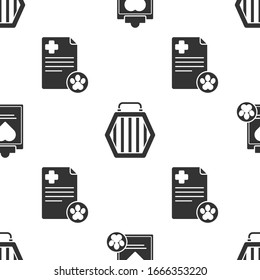 Set Clipboard with medical clinical record pet, Pet carry case and Clipboard with medical clinical record pet on seamless pattern. Vector