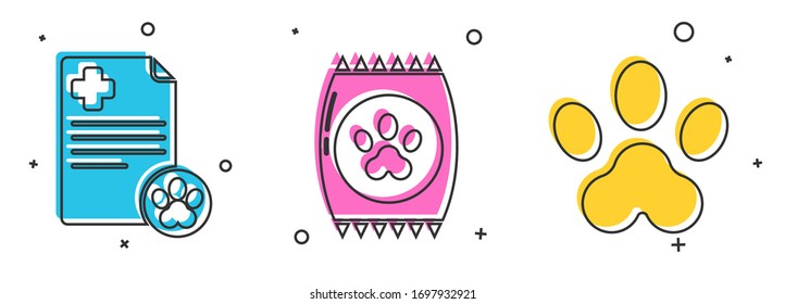 Set Clipboard with medical clinical record pet, Bag of food for pet and Paw print icon. Vector