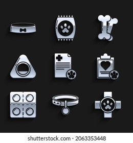 Set Clipboard with medical clinical record pet, Collar name tag, Veterinary symbol, Dog and pills, Pet bed, bone and food bowl icon. Vector