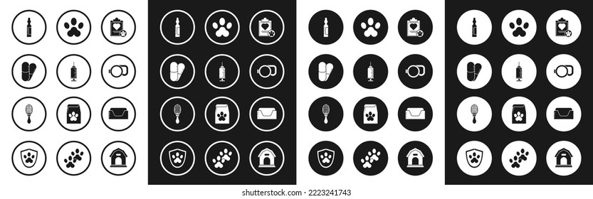 Set Clipboard with medical clinical record pet, Syringe vaccine, Dog and pills, Pets vial, Retractable leash, Paw print, bed and Hair brush for dog cat icon. Vector