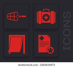Set Clipboard with medical clinical record pet, Dog muzzle, Pet first aid kit and Door for pet icon. Vector