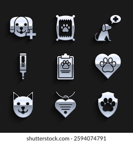 Set Clipboard with medical clinical record pet, Collar name tag and heart, Animal health insurance, Heart animals footprint, Cat, Medical digital thermometer, Veterinary symbol and  icon. Vector