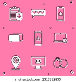 Set Clipboard with medical insurance, Like and heart, Smartphone upload, Chat, download and Laptop gear icon. Vector