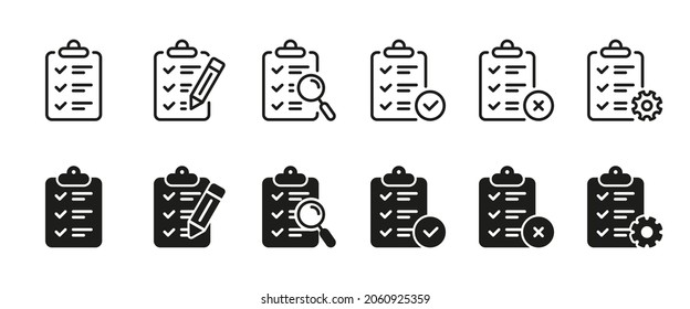 Set of Clipboard for Note Icon. Checklist on Board with Pencil, Gear, Magnifier Line and Silhouette Icons. Business Schedule, Check List on Clip Board. Data Register. Isolated Vector Illustration.