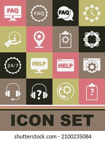Set Clipboard with question marks, Browser setting, Lifebuoy, Speech bubble FAQ, Location gear, Information, Computer monitor and and Checklist 24 hours service icon. Vector