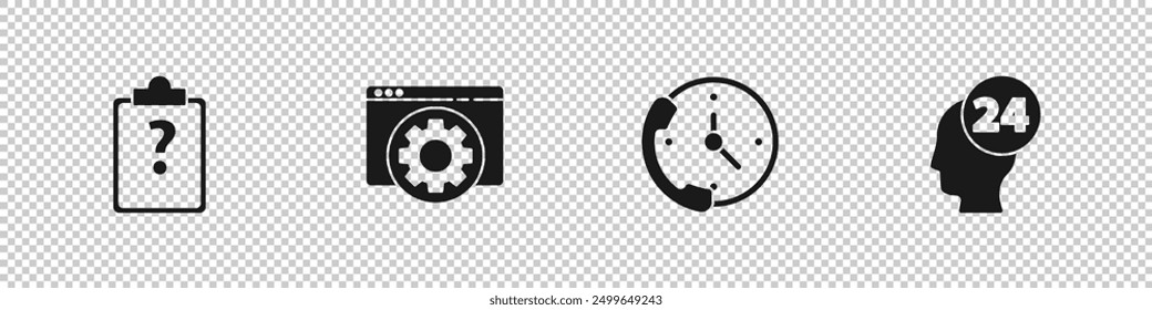 Set Clipboard with question marks, Browser setting, Telephone 24 hours support and Support operator touch icon. Vector