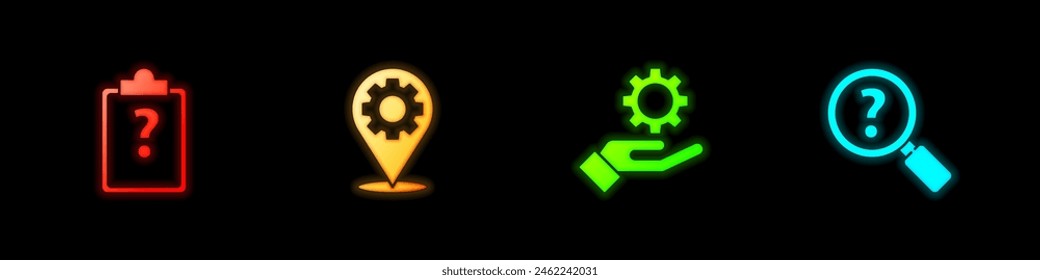Stellen Sie die Zwischenablage mit Fragezeichen, Ortungsgerät, Einstellungen in der Hand und dem Symbol "Unbekannte Suche" ein. Vektorgrafik
