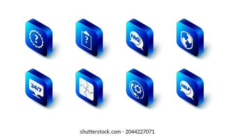 Set Clipboard with question marks, Speech bubble FAQ, Shield, text Help, Telephone 24 hours support, Piece of puzzle, Clock and Question icon. Vector