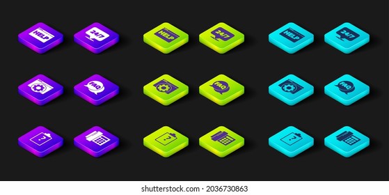Set Clipboard with question marks, Telephone, Browser setting, Speech bubble FAQ, Clock 24 hours and help icon. Vector