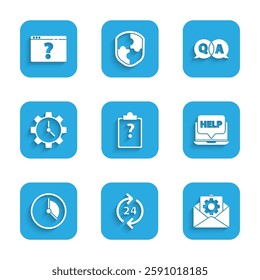 Set Clipboard with question marks, Telephone 24 hours support, Envelope setting, Laptop and help, Time Management, Question Answer and Browser icon. Vector
