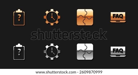 Set Clipboard with question marks, Time Management, Piece of puzzle and Laptop and FAQ icon. Vector