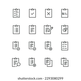 Set of clipboard related icons, contact, checklist, document, form, petition and linear variety vectors.