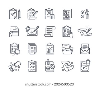 Set of clipboard related minimalistic linear icons on white background. Collection of simple line contact, checklist, petition and other elements. Flat cartoon vector illustration