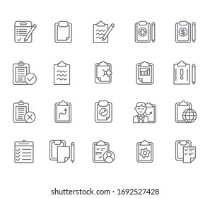 Conjunto de iconos de línea de vectores relacionados con el portapapeles. Incluye los iconos como notepad, lista, copywriting y más.