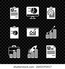 Set Clipboard with resume, Computer monitor graph chart, Briefcase and coin, Rocket flying up coins growth, Resume,  and Board icon. Vector