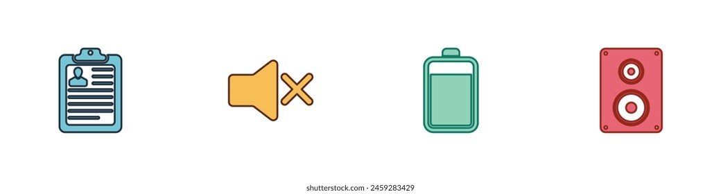 Set Clipboard with resume, Speaker mute, Battery and Stereo speaker icon. Vector