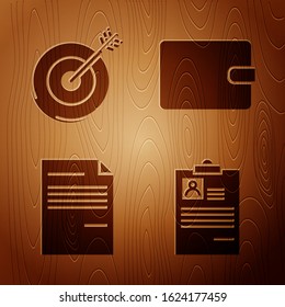 Set Clipboard with resume, Target, Document and Wallet on wooden background. Vector