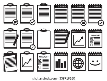 Set Of Clipboard And Spiral Bound Notebook Icons In Black And White Isolated On White Background.