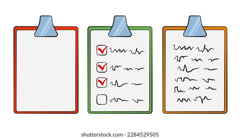 Conjunto de tablones de anuncios con papel en blanco, notas y lista de verificación. Caricatura. Ilustración vectorial. Aislado sobre fondo blanco