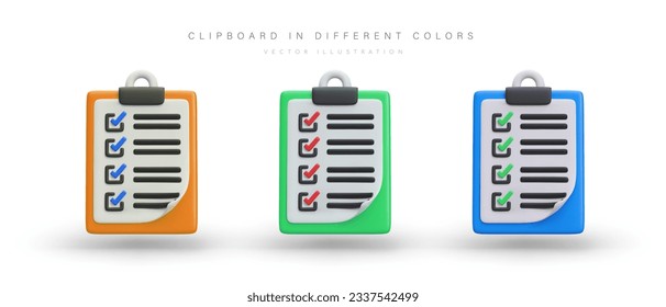 Set of clipboards in different colors. Forms with marks, list of completed tasks, questionnaire. Isolated vector image in cartoon style. Cute icons with shadows