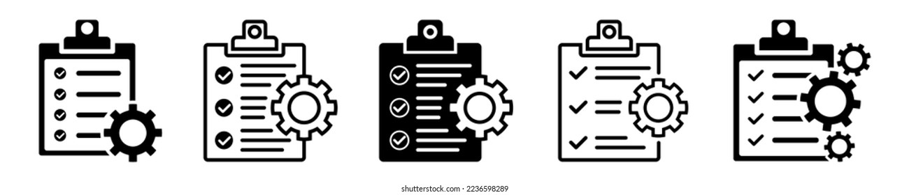 Set of clipboards with gears vector icons on white background. Check list with checkmark. Document and cogwheel.