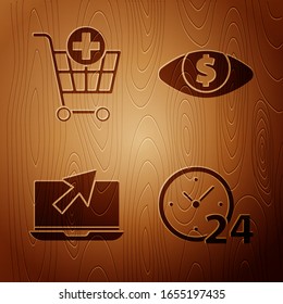 Ajuste Reloj 24 horas, Añadir a carro de compras, Portátil y cursor y Ojo con dólar sobre fondo de madera. Vector
