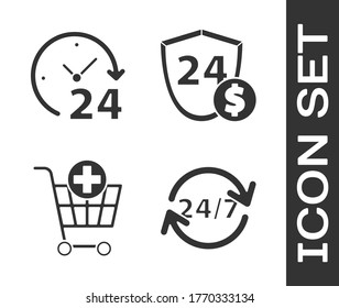 Ajuste Reloj 24 horas, Reloj 24 horas, Añadir al carrito de compras y Escudo con icono de dólar. Vector
