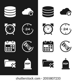 Set Clock 24 hours, Alarm clock, Database, Cloud sync refresh, Calendar and Waiting icon. Vector