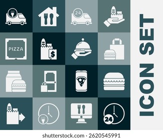 Set Clock 24 hours, Burger, Online ordering burger delivery, Fast by car, and, Pizza cardboard box,  and Covered with tray of food icon. Vector