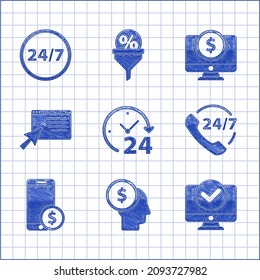 Set Clock 24 hours, Business man planning mind, Computer monitor, Telephone support, Smartphone with dollar, Online shopping screen,  and  icon. Vector