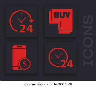 Ajuste Reloj 24 horas, Reloj 24 horas, Botón Comprar y Smartphone con icono de dólar. Vector