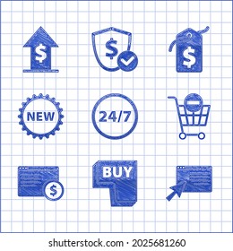 Set Clock 24 hours, Buy button, Online shopping screen, Remove cart, Price tag with New, dollar and Financial growth and coin icon. Vector